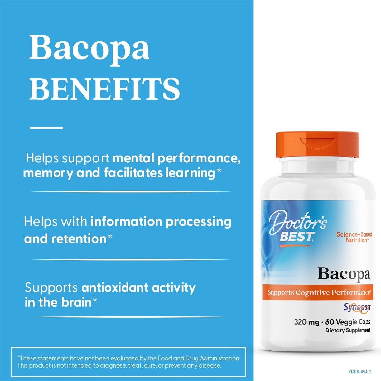 Back label of Bacopa monnieri capsule bottle showing supplement facts and standard dosage directions.