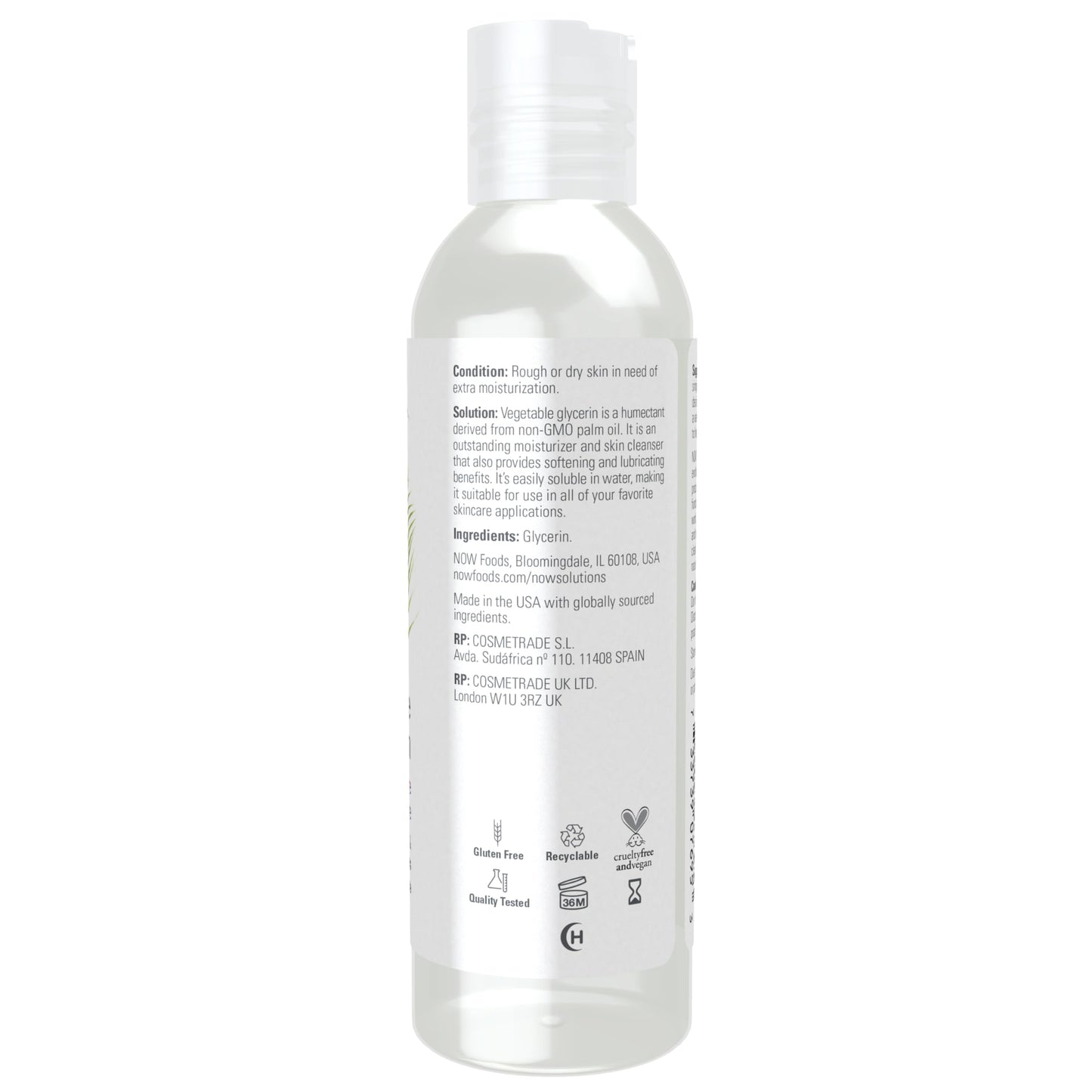 NOW Foods pure liquid vegetable glycerine 118 Milliliter packaging details and product labels