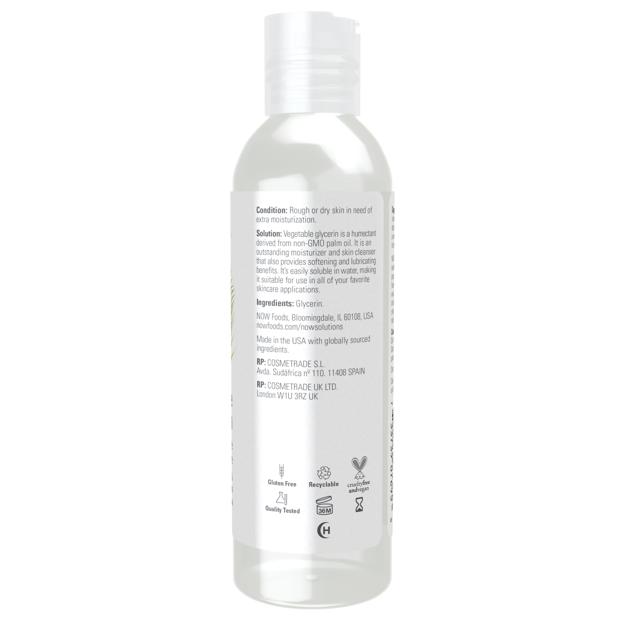 NOW Foods pure liquid vegetable glycerine 118 Milliliter packaging details and product labels