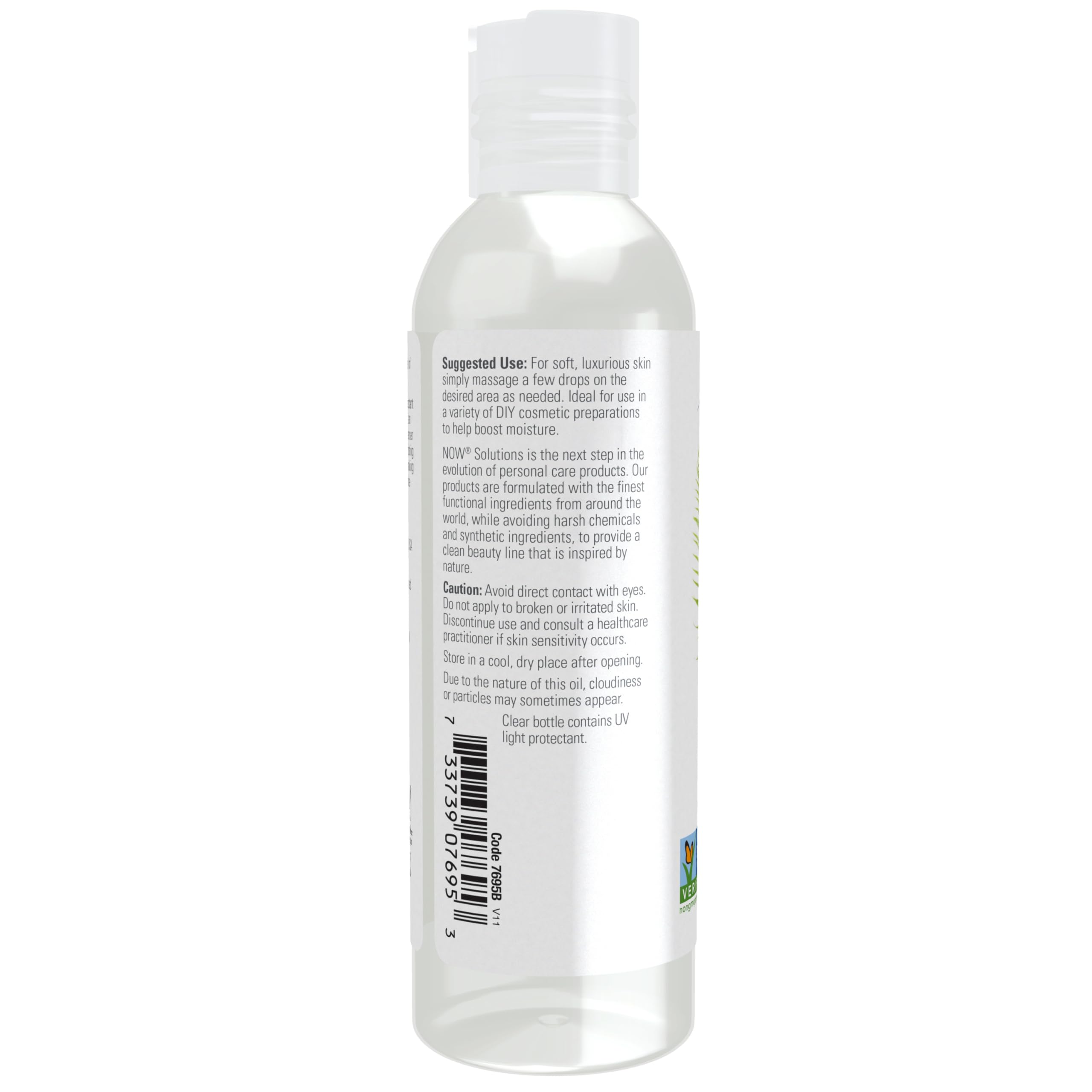 Back label of NOW Solutions 100 percent pure vegetable glycerin detailing ingredients and usage