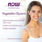Side profile of Now Foods vegetable glycerin bottle highlighting fluid volume