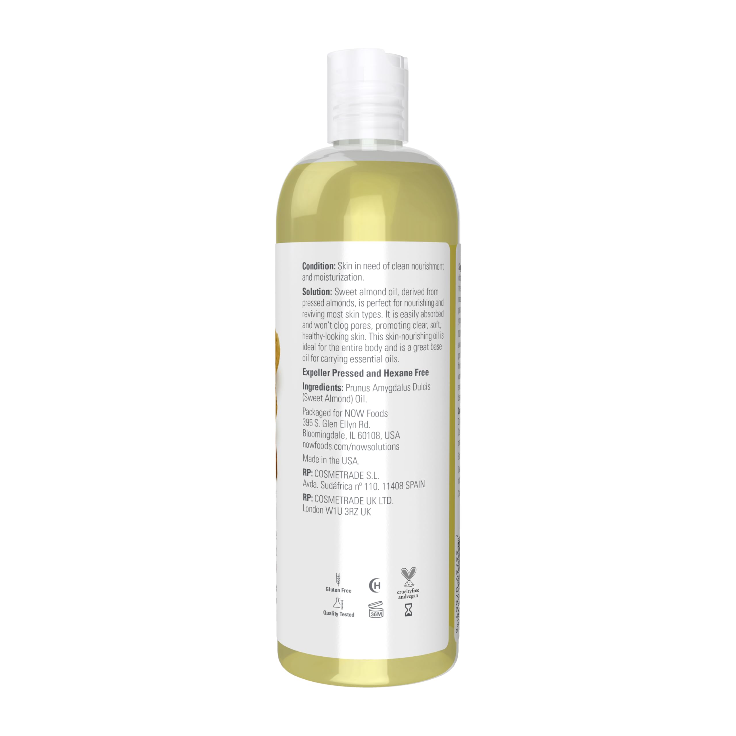 Now Foods Solutions Sweet Almond Oil 16 Ounce showing product label instructions and ingredients list