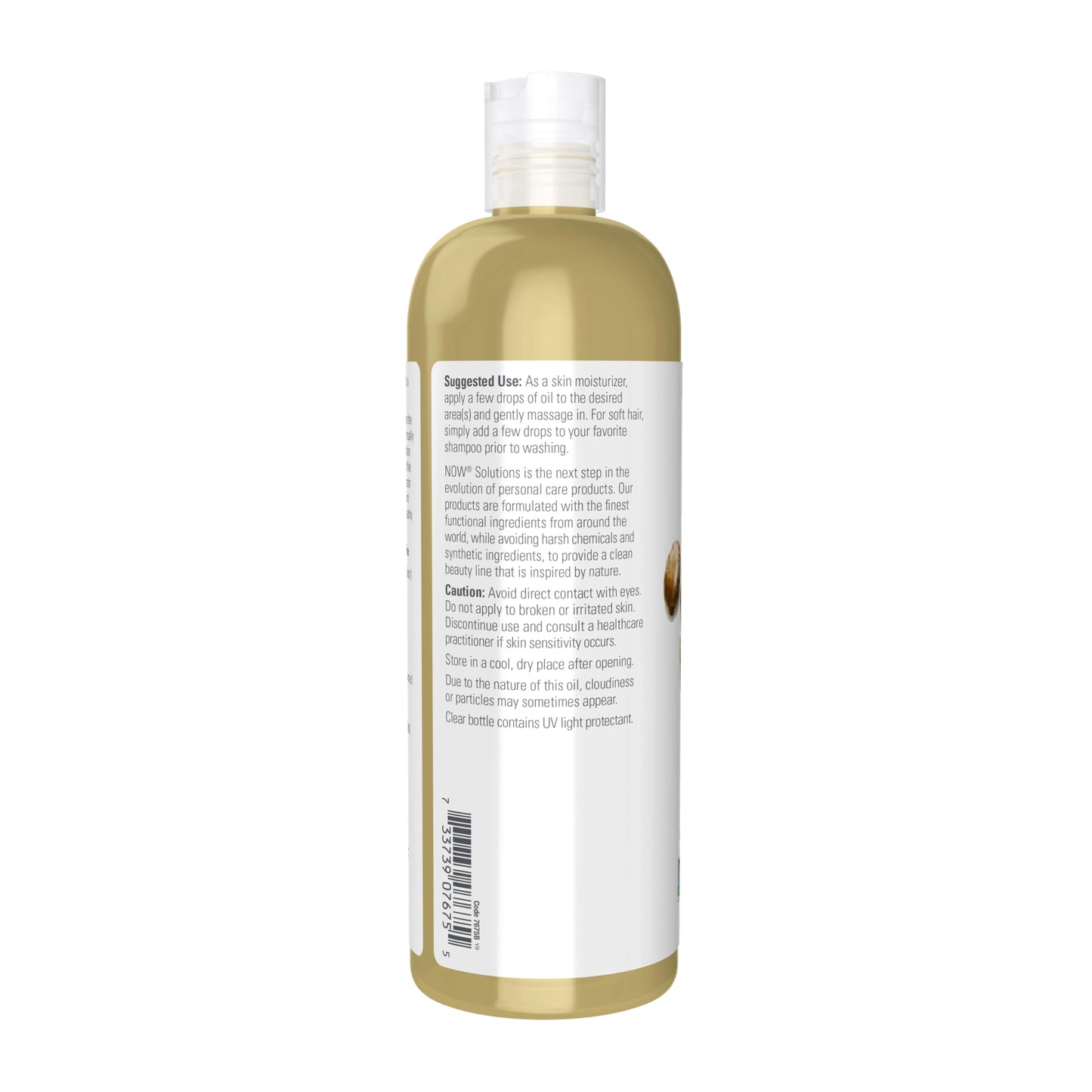 Side profile of NOW Foods Solutions 100 percent pure versatile skin care castor oil bottle