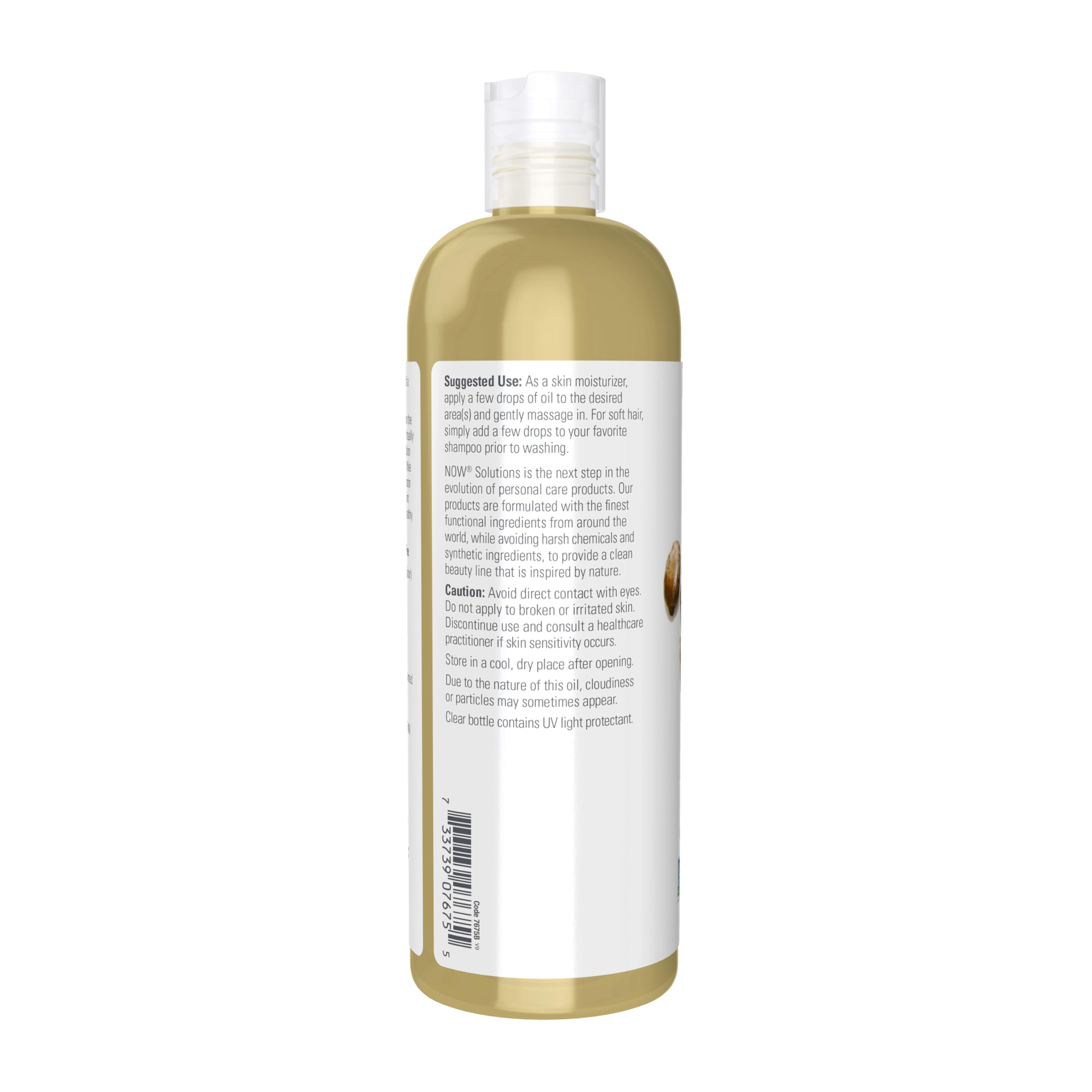 Side profile of NOW Foods Solutions 100 percent pure versatile skin care castor oil bottle