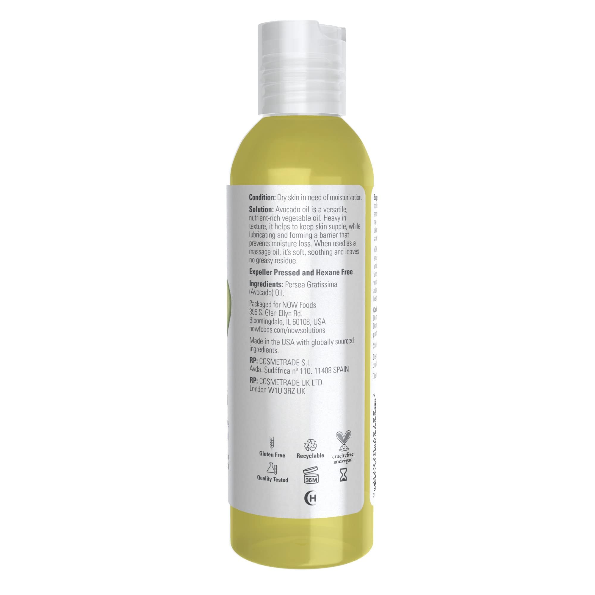 NOW Foods pure hydrating avocado oil four ounce packaging details