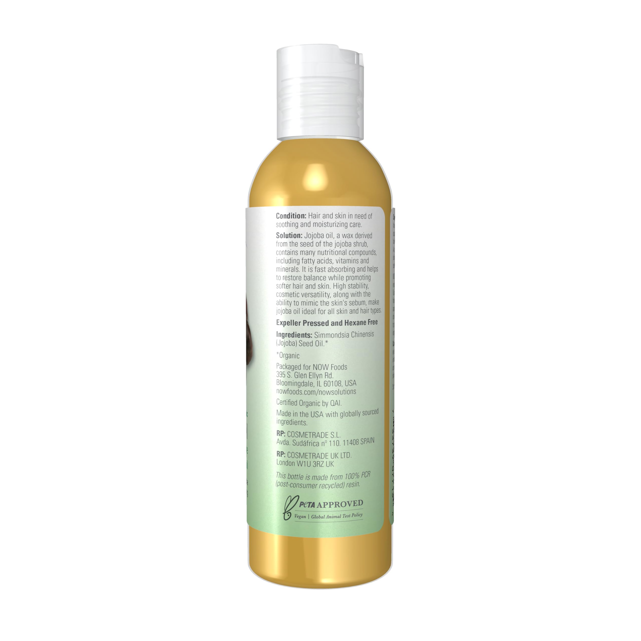 Back label of NOW Solutions organic jojoba moisturizing oil detailing ingredients and expeller-pressed processing details.