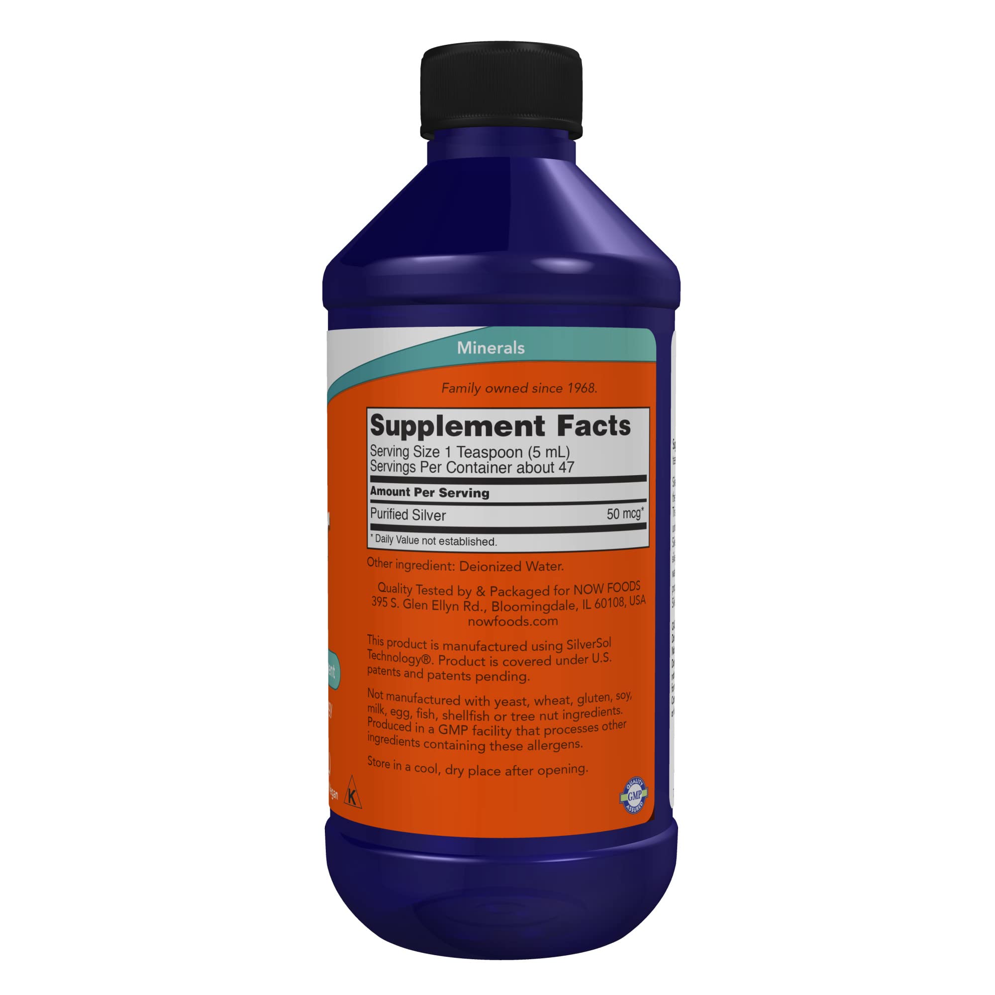 NOW Foods elemental silver liquid supplement showing the patented SilverSol Technology label