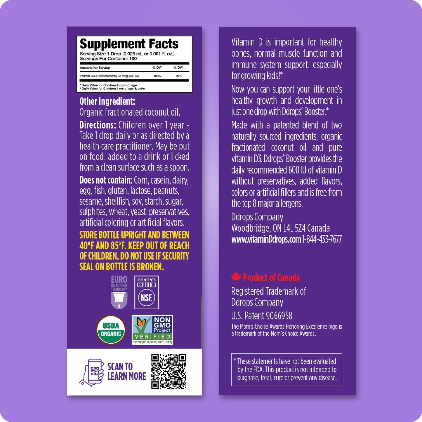 Ddrops daily liquid vitamin D3 for kids ingredient list and supplement facts side panel