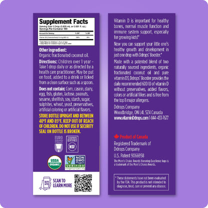 Ddrops daily liquid vitamin D3 for kids ingredient list and supplement facts side panel