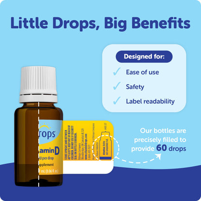 Ddrops Baby 60 drops 1.7 milliliters packaging showcasing the daily immune and bone support benefits.