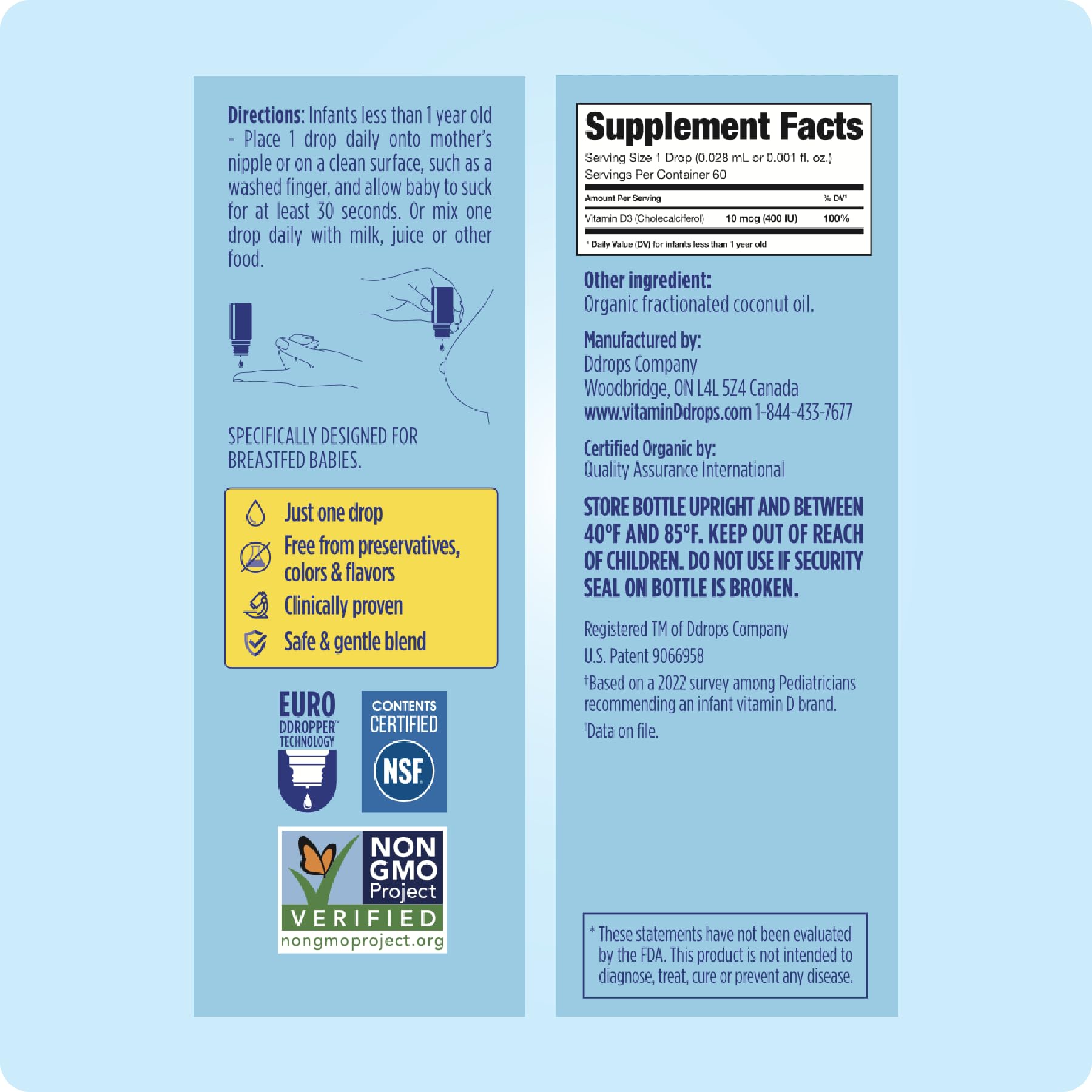Side view of Ddrops infant vitamin D3 bottle highlighting the pure two ingredient formula.