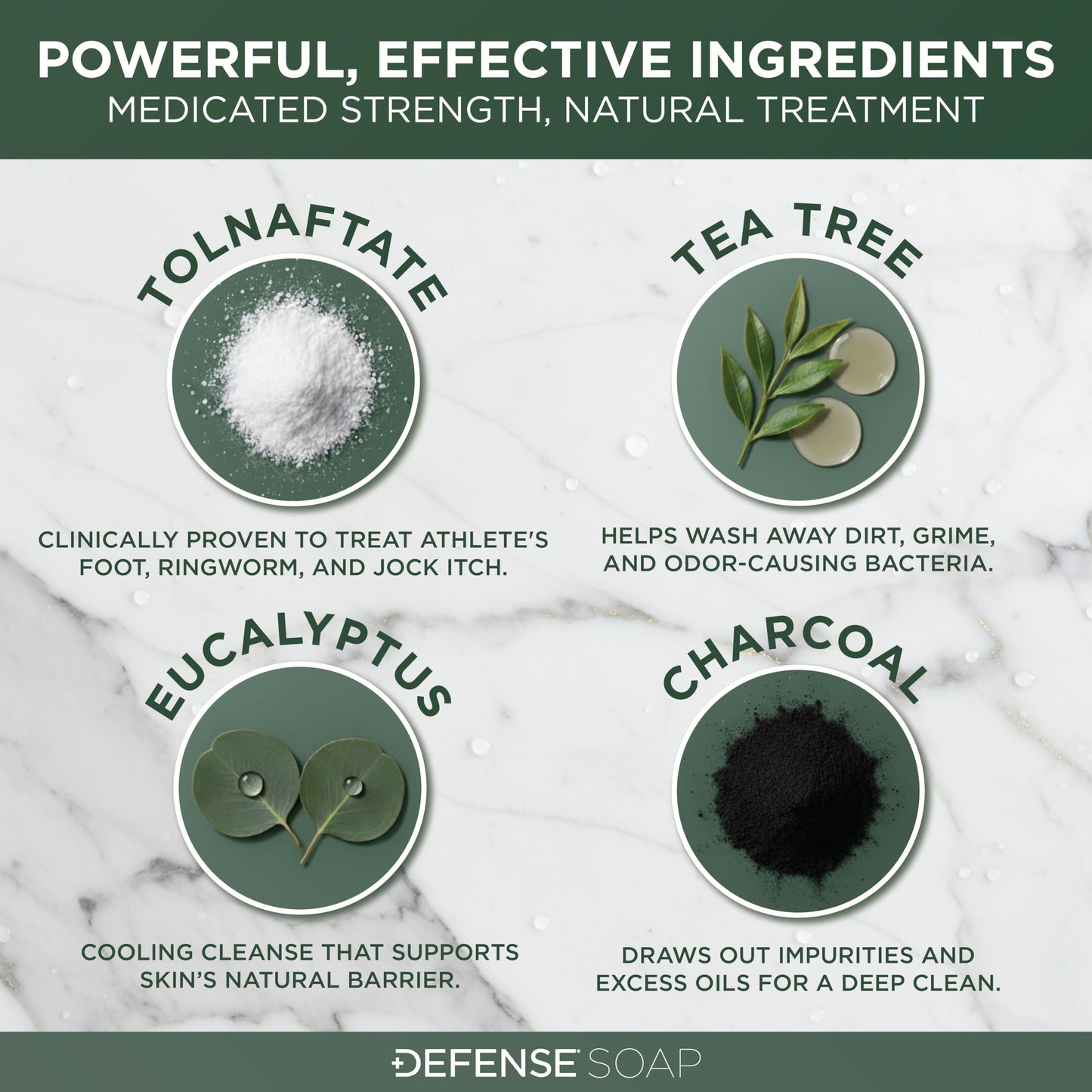 Defense Soap medicated antifungal bar alongside natural tea tree and eucalyptus imagery.