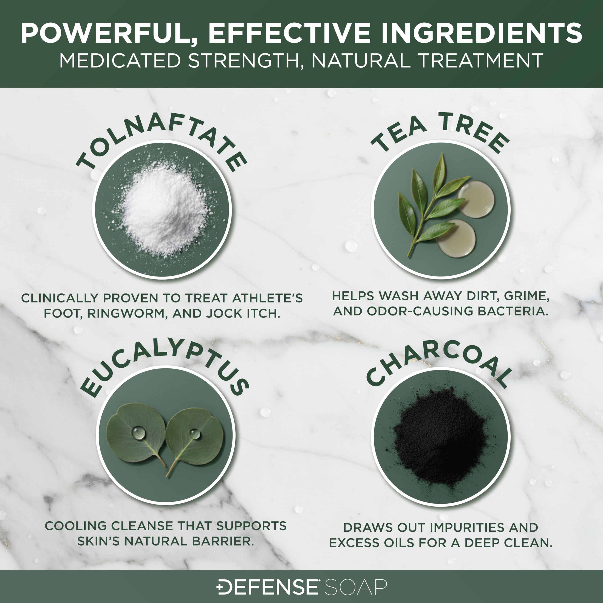 Defense Soap medicated antifungal bar alongside natural tea tree and eucalyptus imagery.