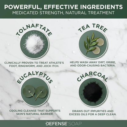 Defense Soap medicated antifungal bar alongside natural tea tree and eucalyptus imagery.