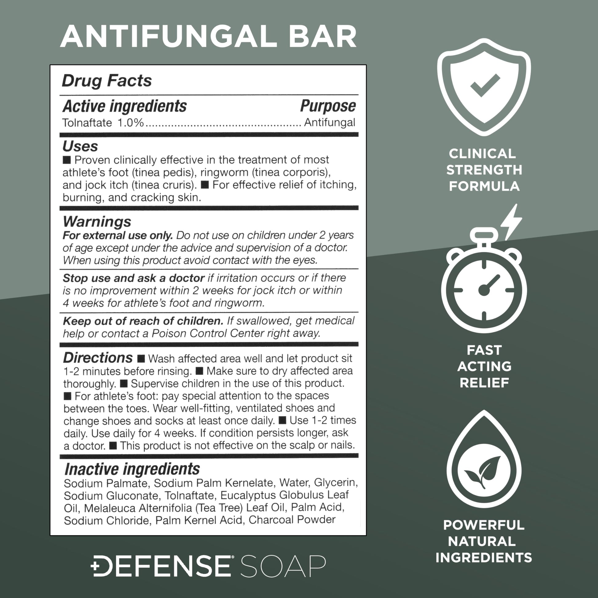 Defense Soap Tolnaftate bar for clearing sweat-induced fungal skin infections.