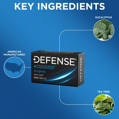 Defense Soap Original daily clean bar soap showing natural tea tree and eucalyptus ingredients packaging