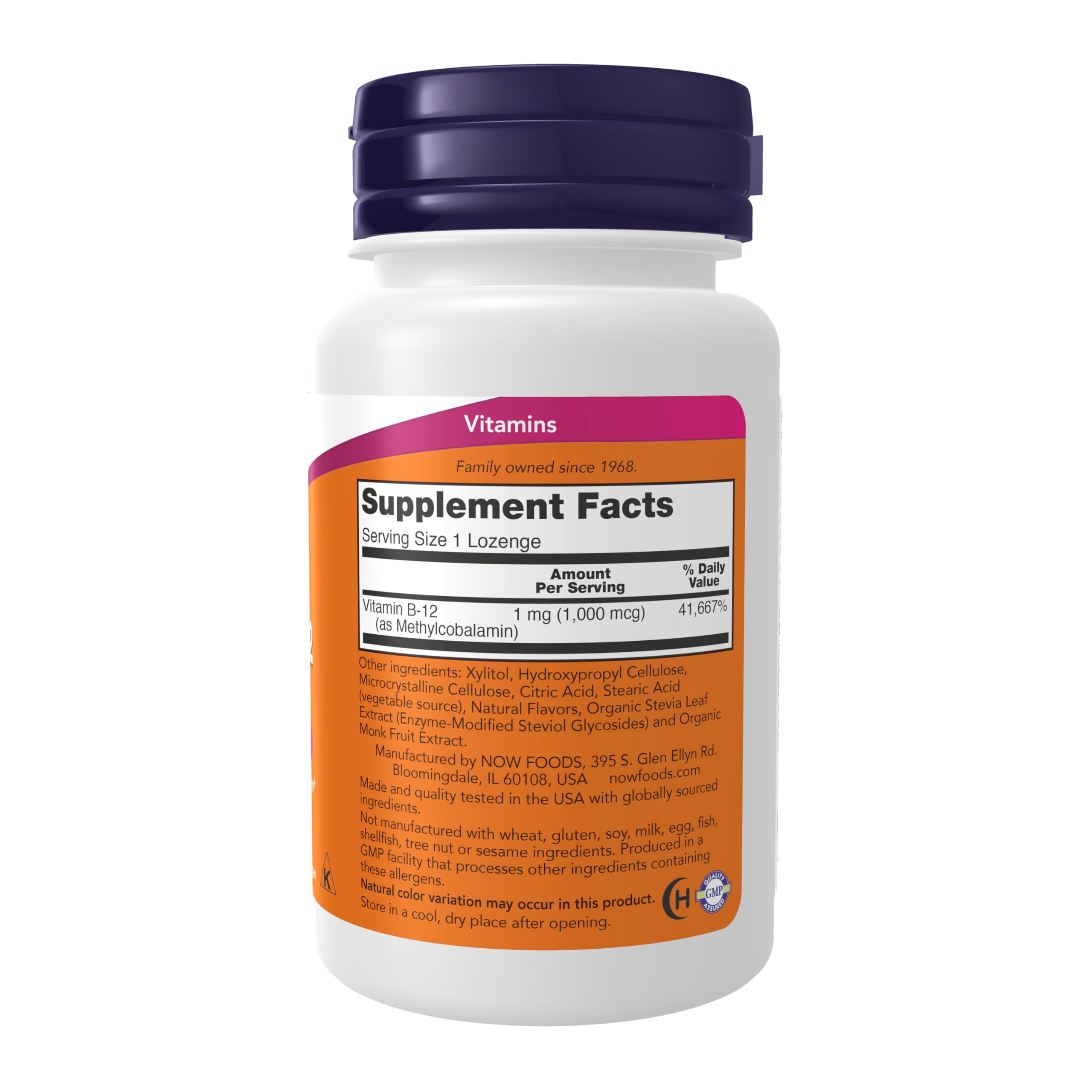 NOW Foods Vitamin B12 supplement facts and ingredients panel