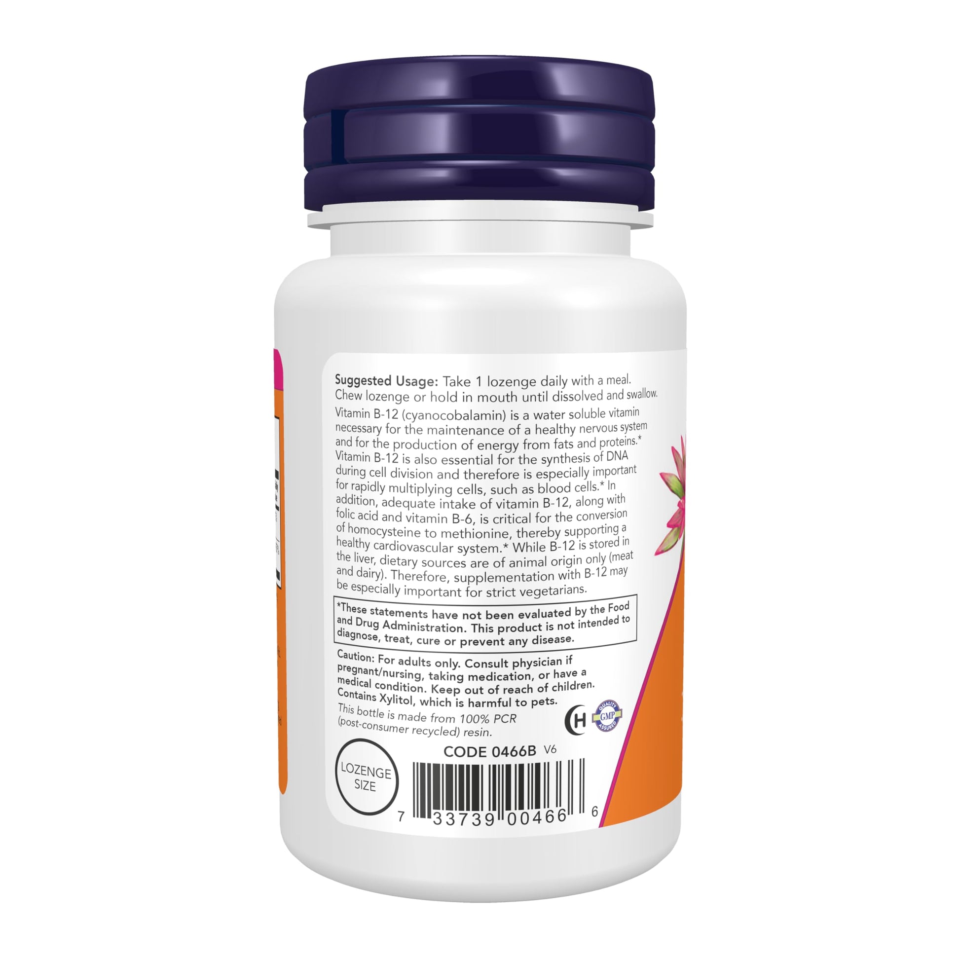 NOW Foods chewable B12 lozenges dietary claims icons on bottle