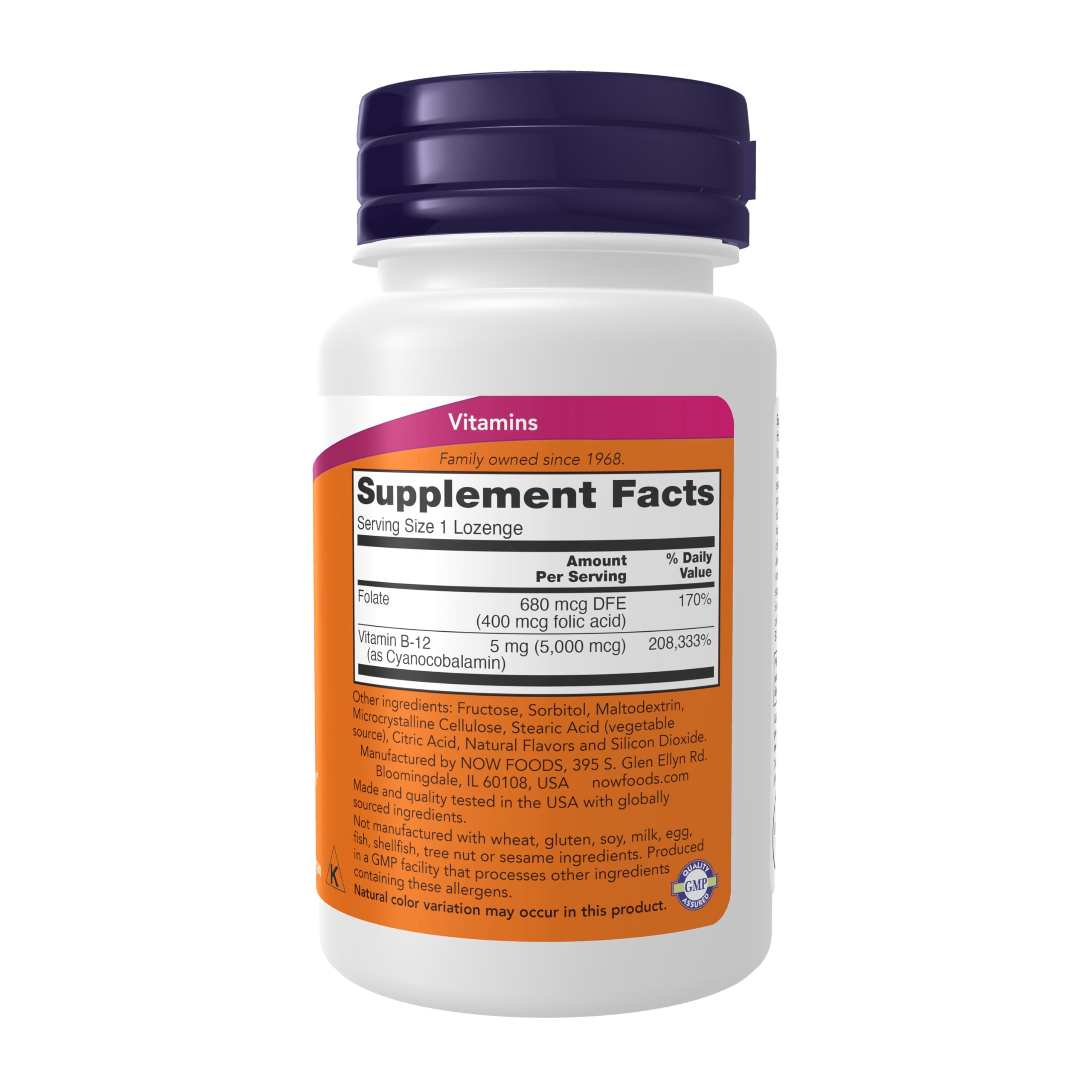 NOW Foods B12 lozenges with folic acid back label showing ingredient facts list