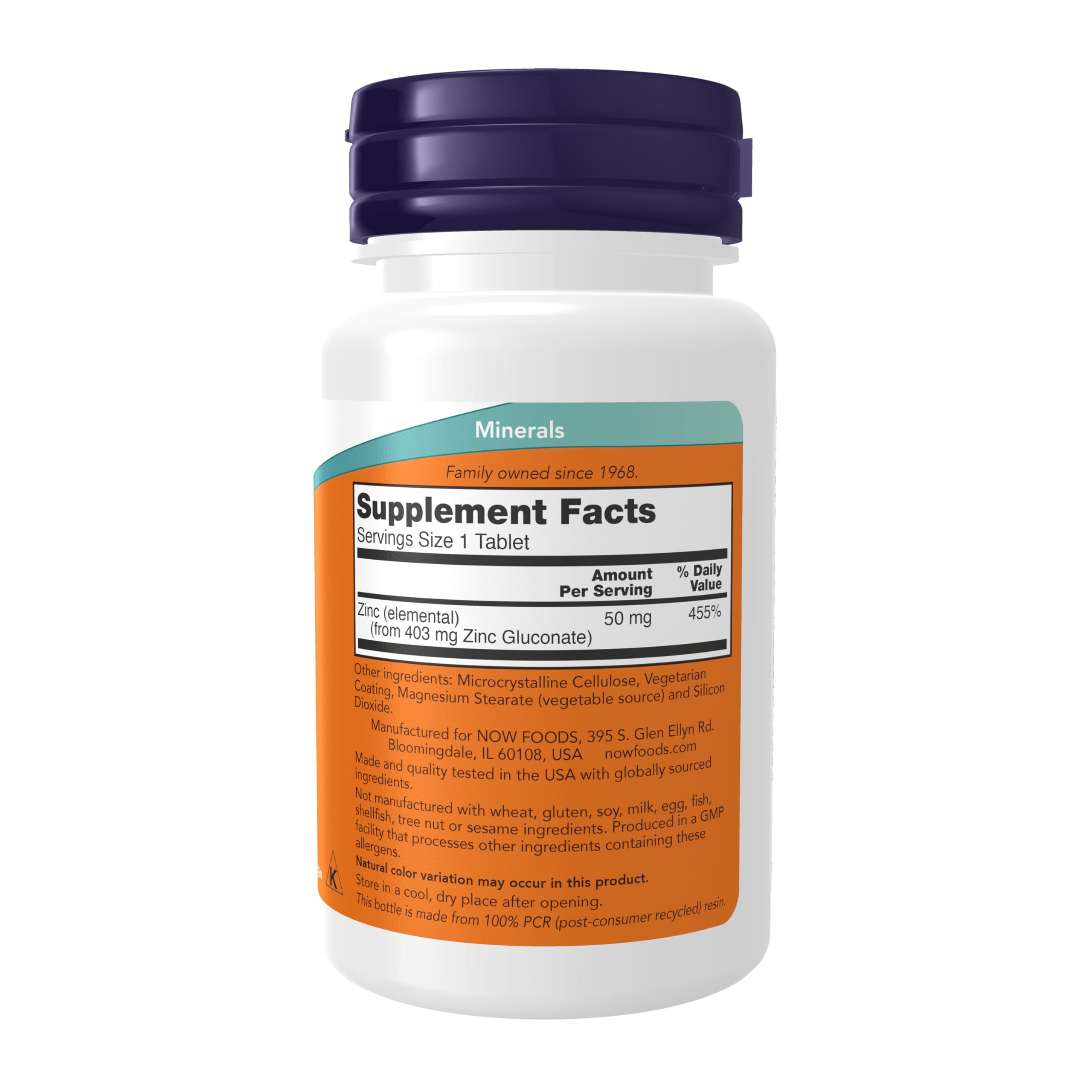 NOW Foods Zinc 50mg 100 vegetarian tablets supplement facts label