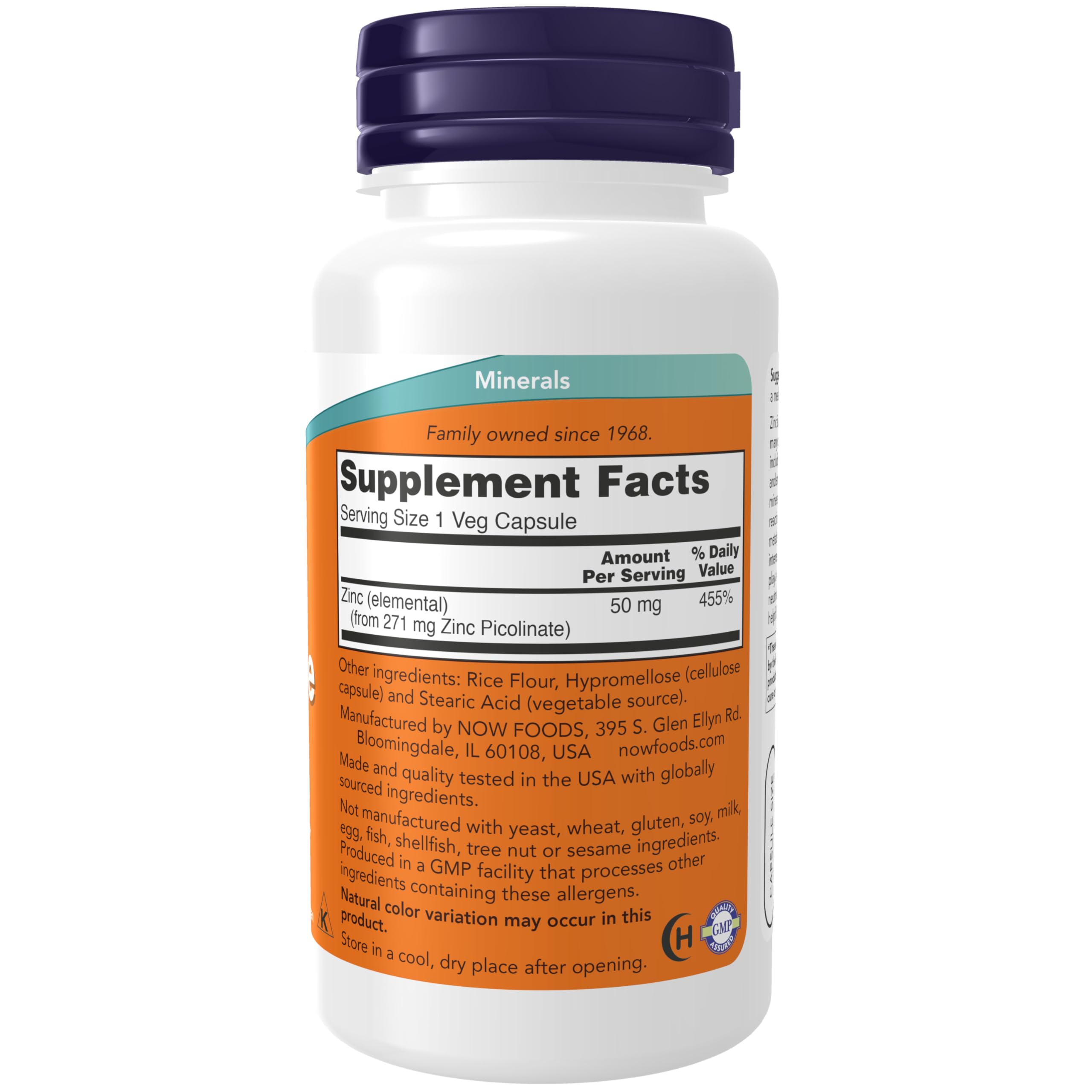 NOW Foods Zinc Picolinate supplement facts panel showing ingredient dosage and daily value percentages