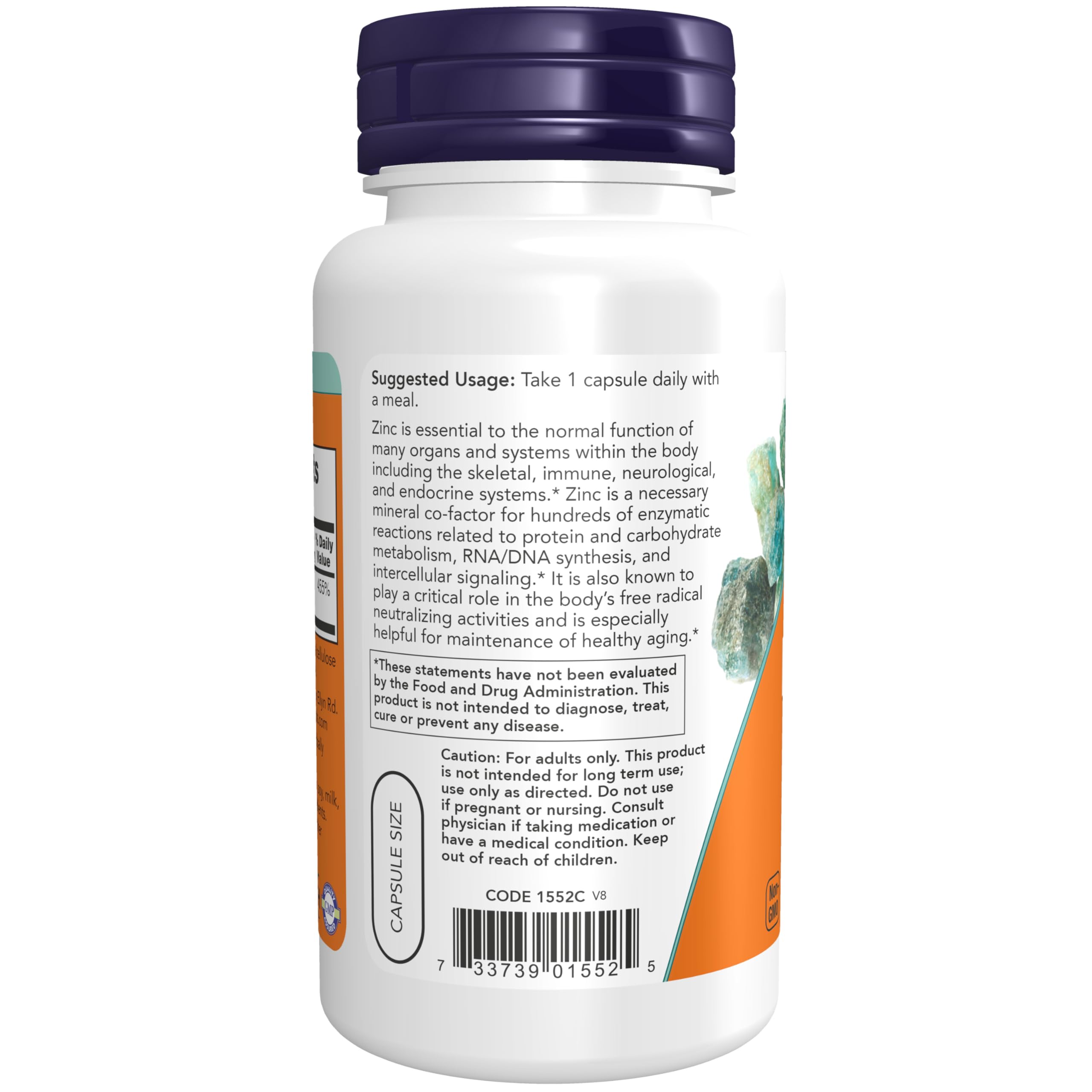 Side view of NOW Foods Zinc Picolinate 120 capsules bottle displaying clean formulation certifications