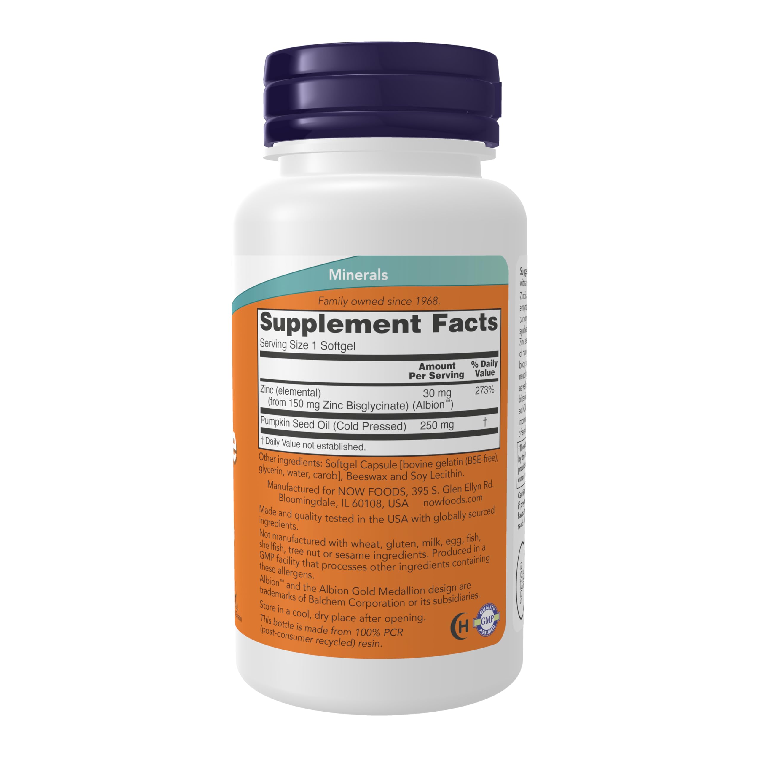 NOW Foods Zinc Glycinate 120 softgels packaging display detailing Albion chelated zinc mineral