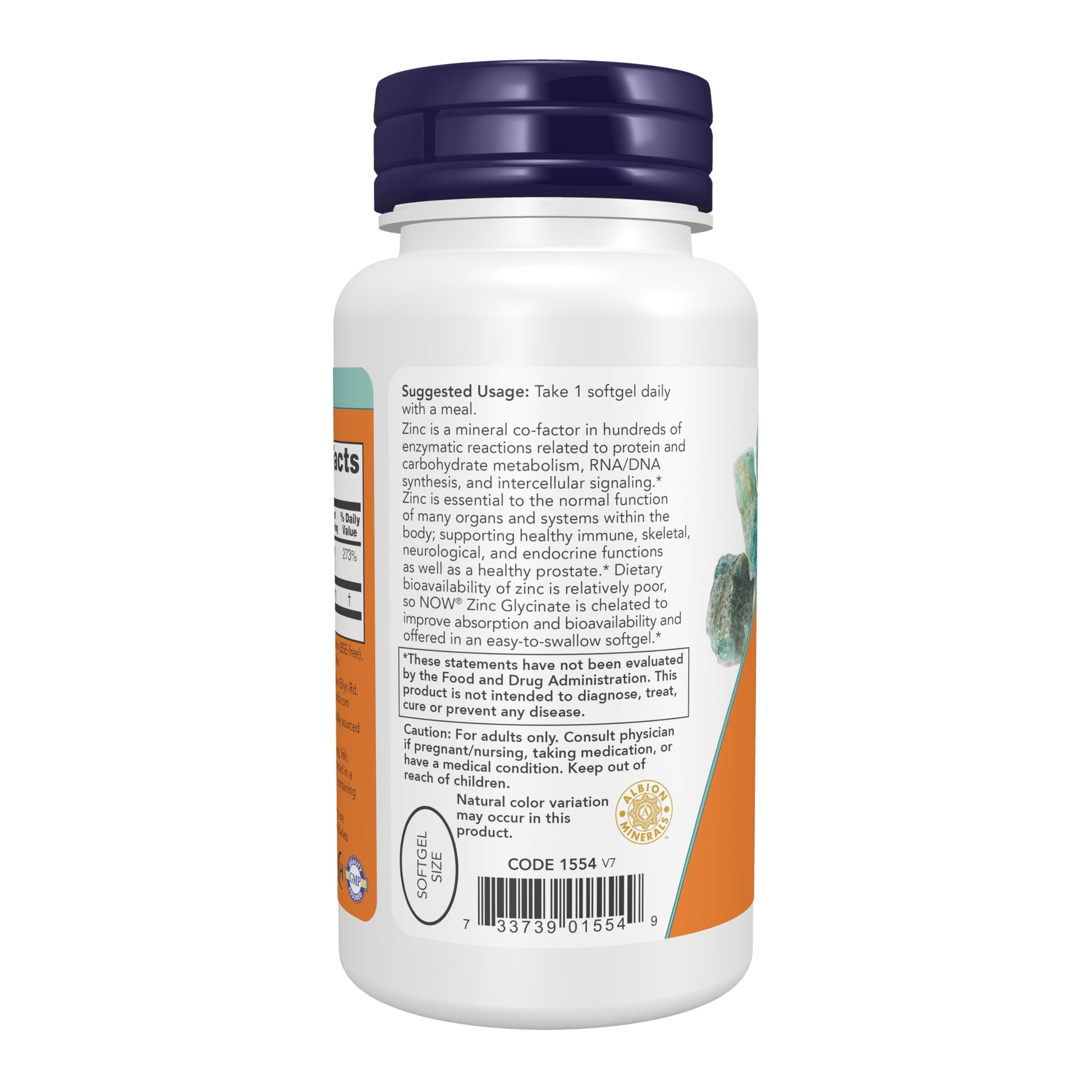 Supplement facts label on NOW Foods Zinc Bisglycinate with pumpkin seed oil ingredients list