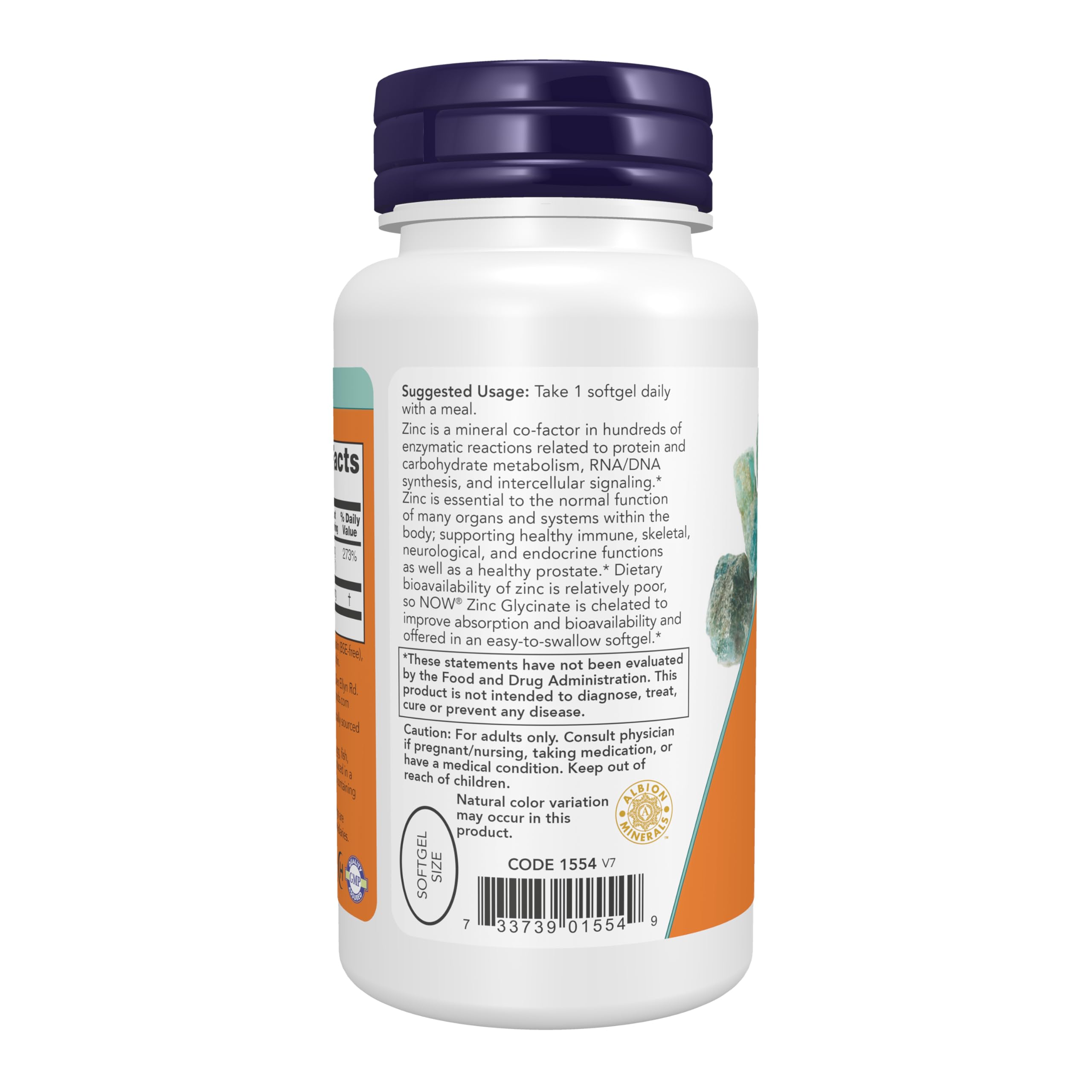 Supplement facts label on NOW Foods Zinc Bisglycinate with pumpkin seed oil ingredients list