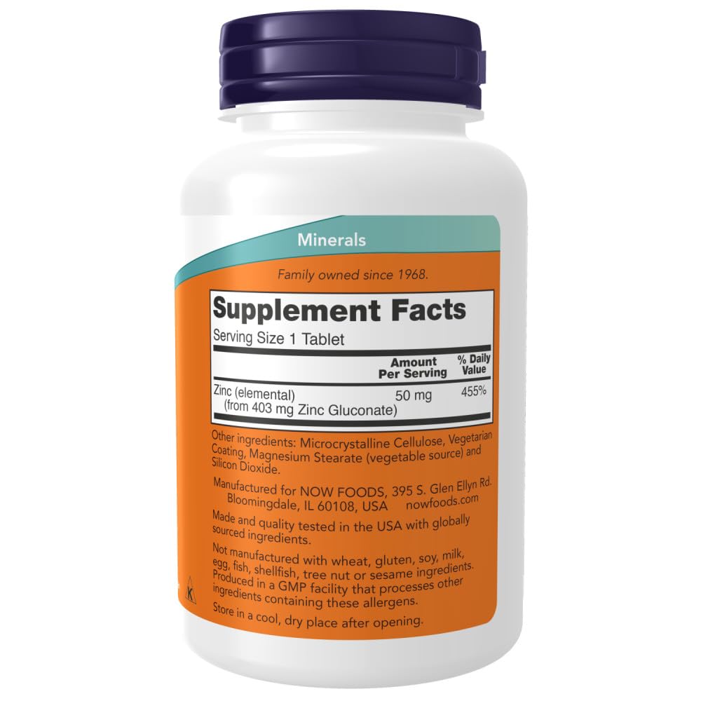Side angle of NOW Foods Zinc supplement bottle displaying dietary certifications like vegan and non-GMO.
