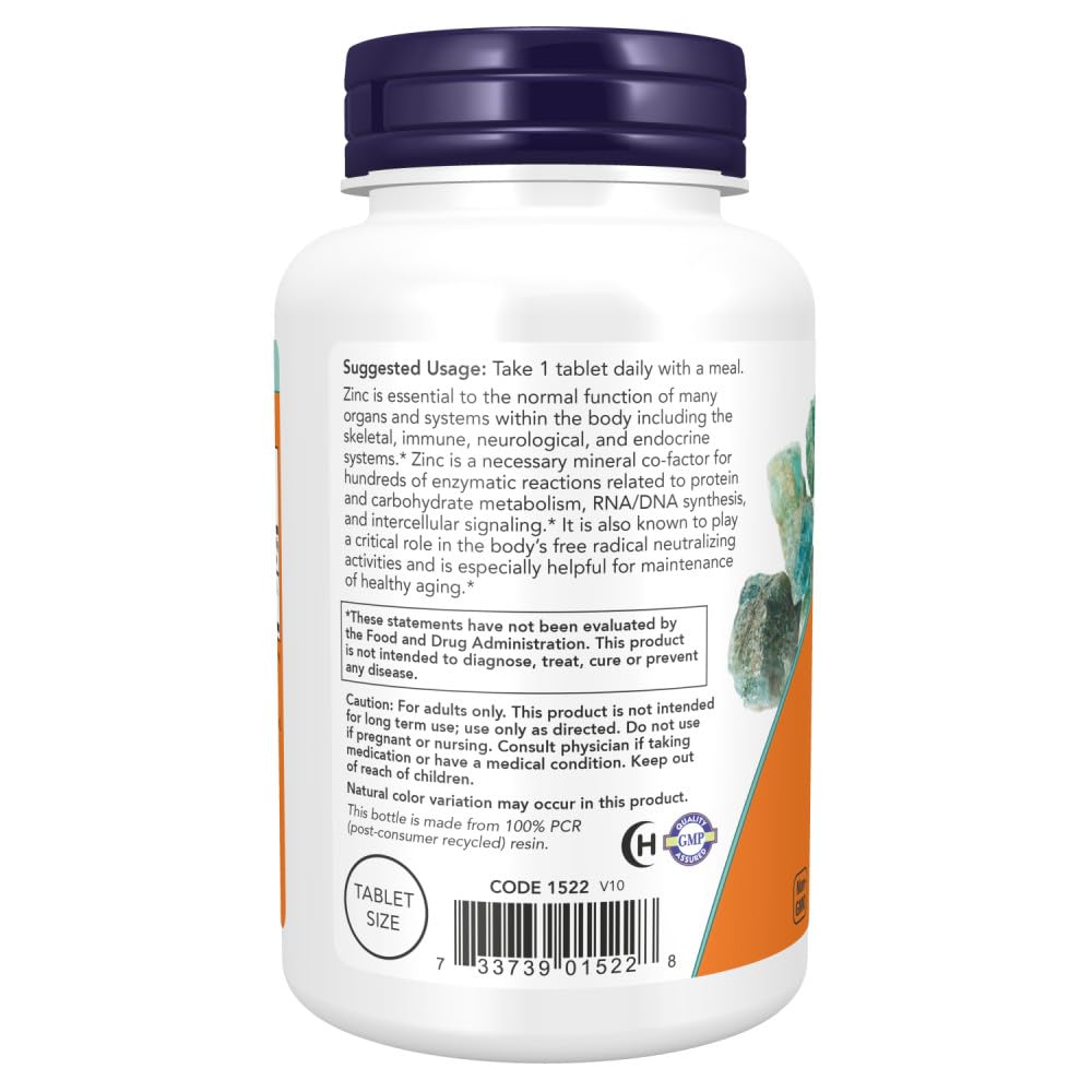 Back label of NOW Foods Zinc Gluconate showing supplement facts list and serving size details.