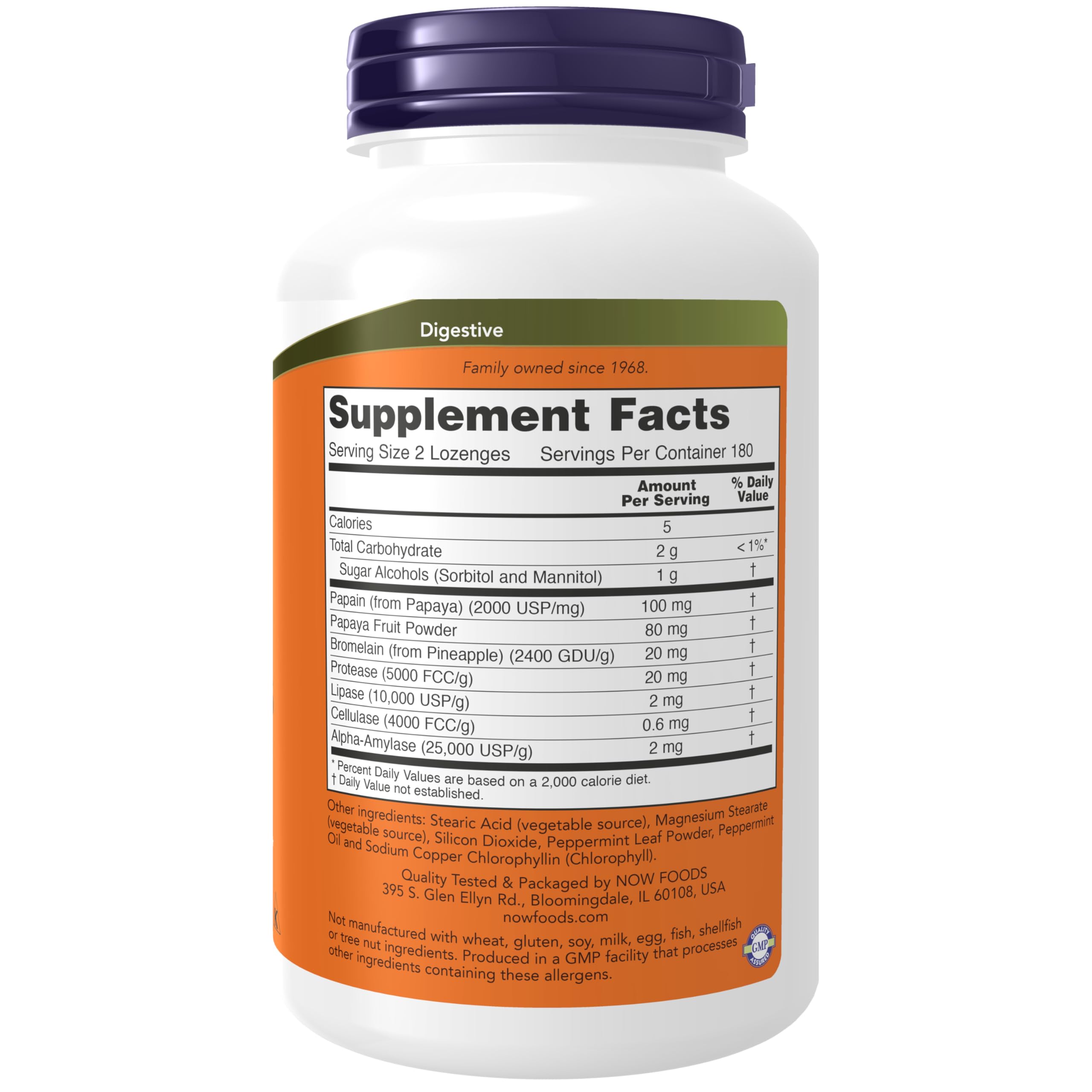 NOW Foods Chewable Papaya Enzymes supplement facts and ingredient label closeup.