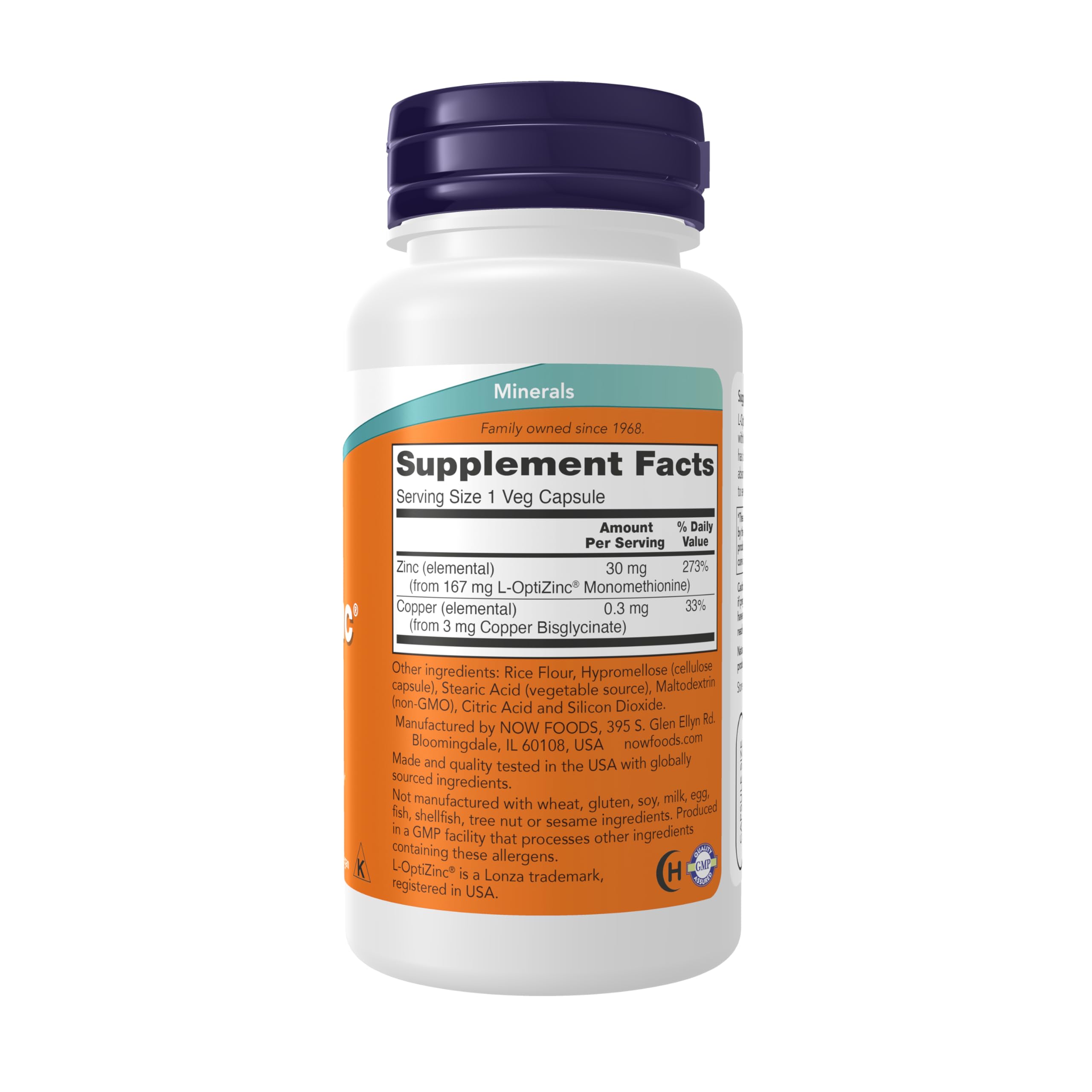 NOW Foods L-OptiZinc supplement bottle showing ingredients and copper content labels