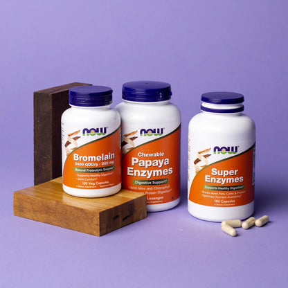 Side view of NOW Foods Papaya Enzyme with Mint and Chlorophyll highlighting non GMO label.