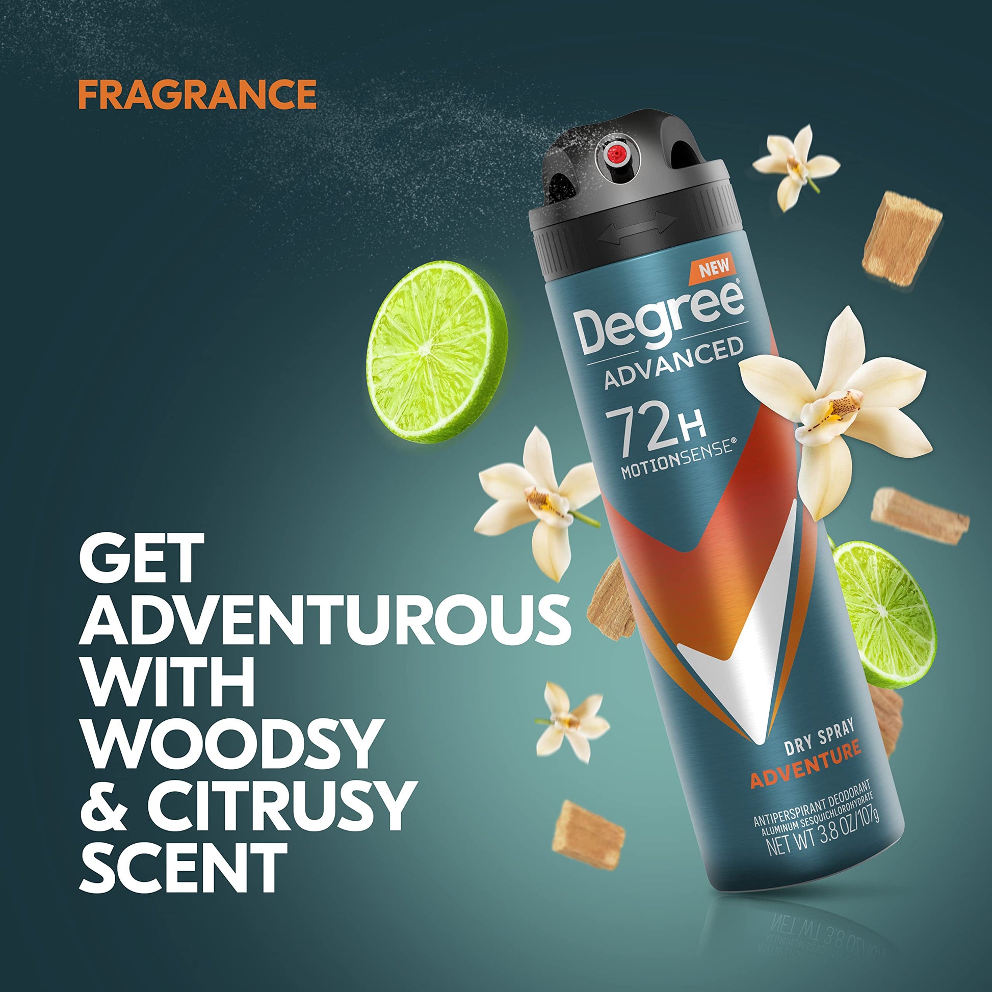 Side profile of Degree Men Adventure dry spray canister showing the product weight and active ingredient details