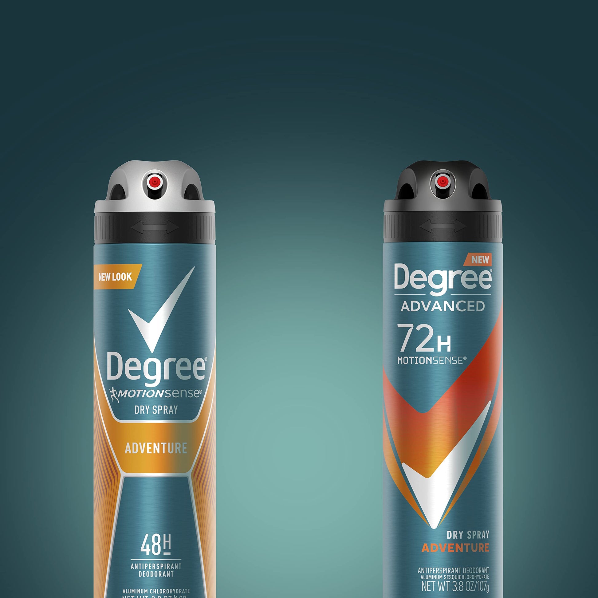 A full set of three Degree Men Adventure dry sprays displaying the uniform packaging design and genuine imported barcode