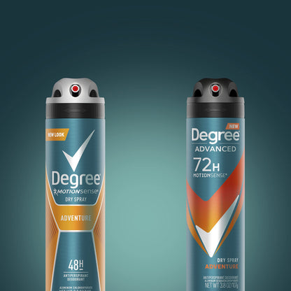 A full set of three Degree Men Adventure dry sprays displaying the uniform packaging design and genuine imported barcode