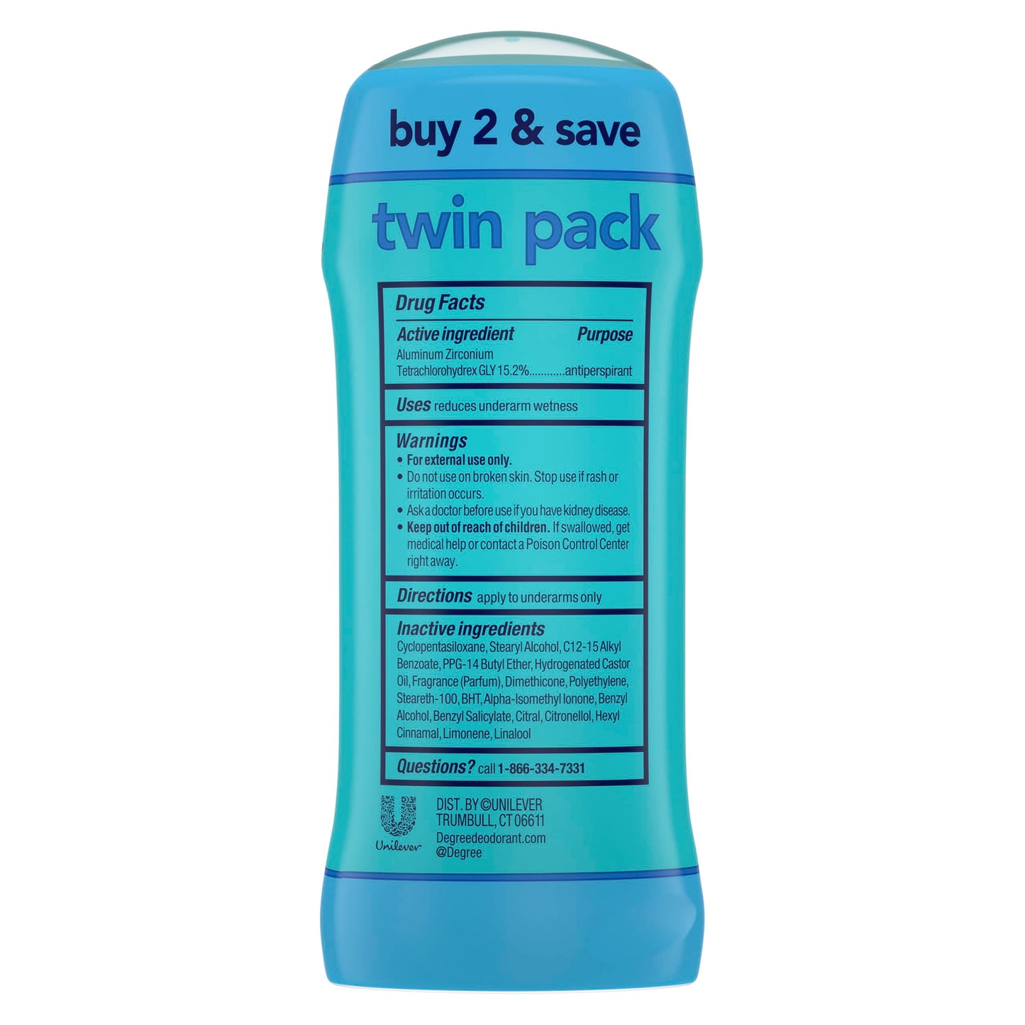 Degree Shower Clean underarm stick set of two displaying the product label details.