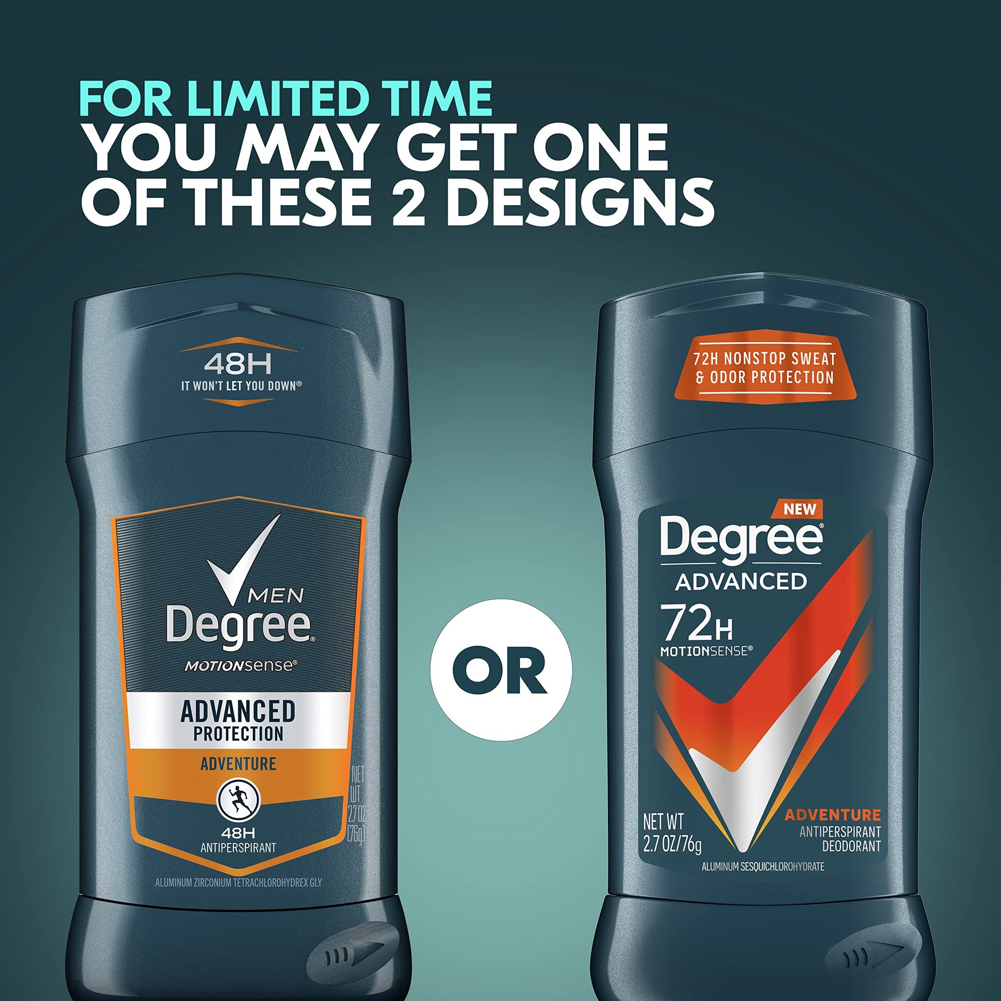 Degree Men MotionSense Adventure deodorant stick pack highlighting masculine woodsy fragrance.