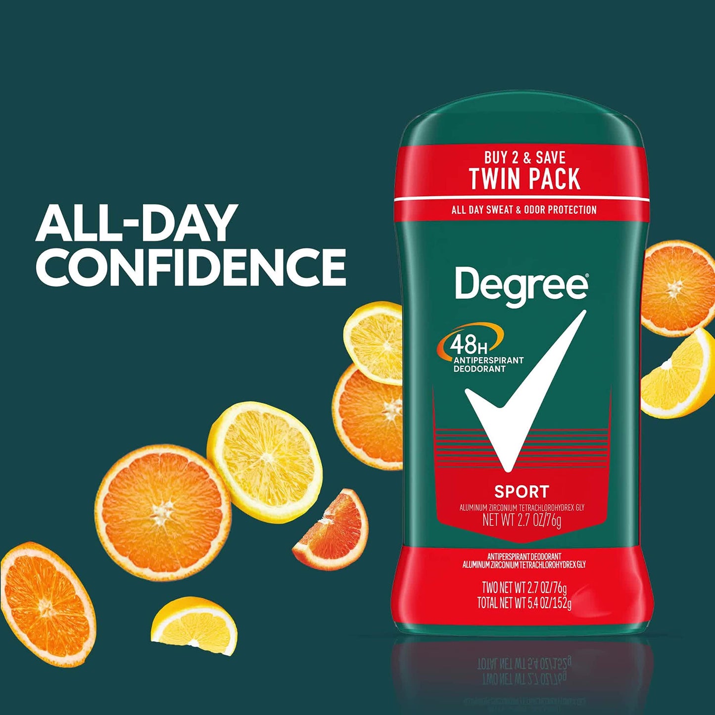 Degree Men Sport invisible solid deodorant stick showing active ingredients labels