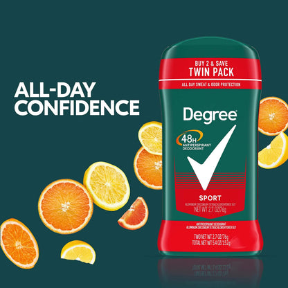 Degree Men Sport invisible solid deodorant stick showing active ingredients labels