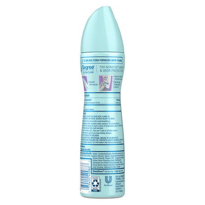 Three cans of Degree Women UltraClear Black plus White antiperspirant deodorant dry spray showcasing anti stain benefits.