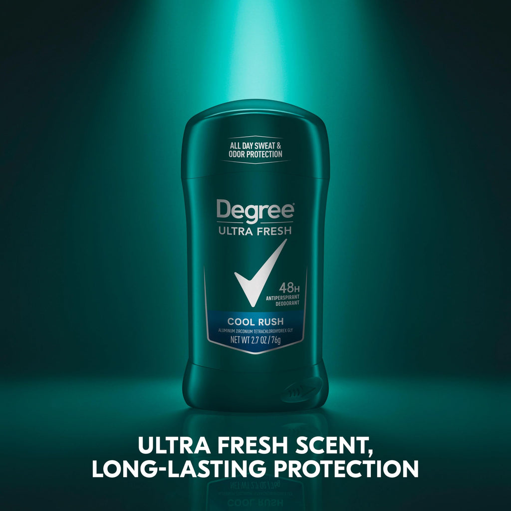 Degree Cool Rush antiperspirant green teal cap and container design.