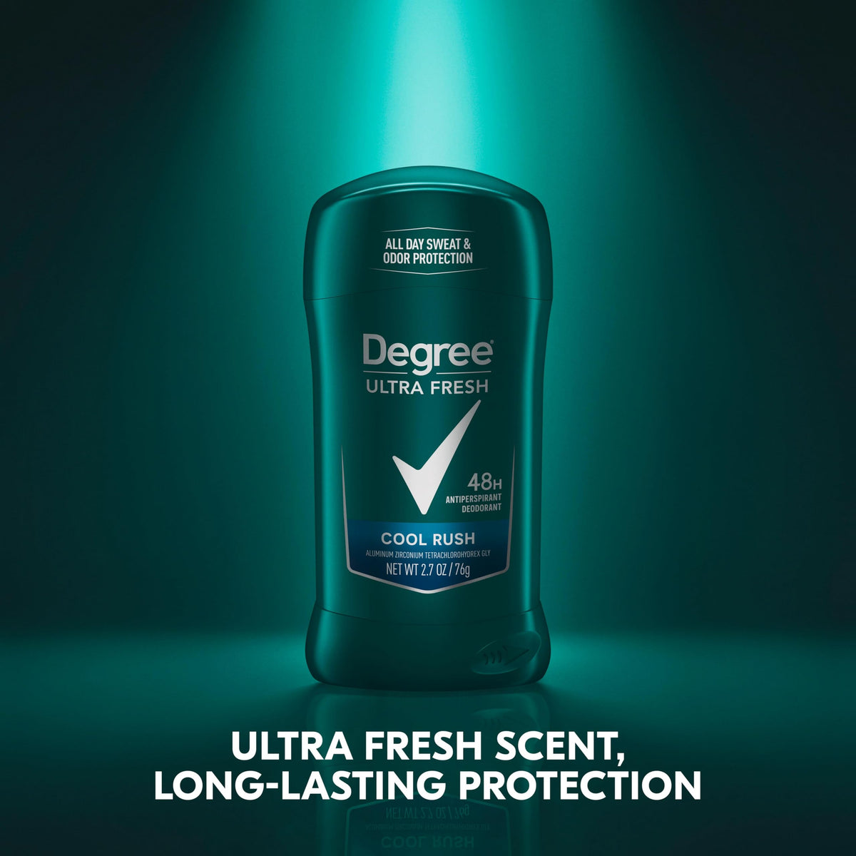 Degree Cool Rush antiperspirant green teal cap and container design.