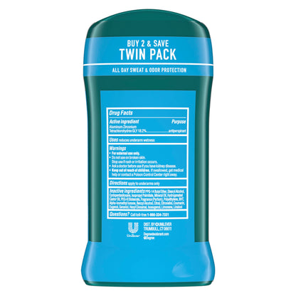 Degree Men Dry Protection underarm stick pack of two for forty eight hour sweat protection.