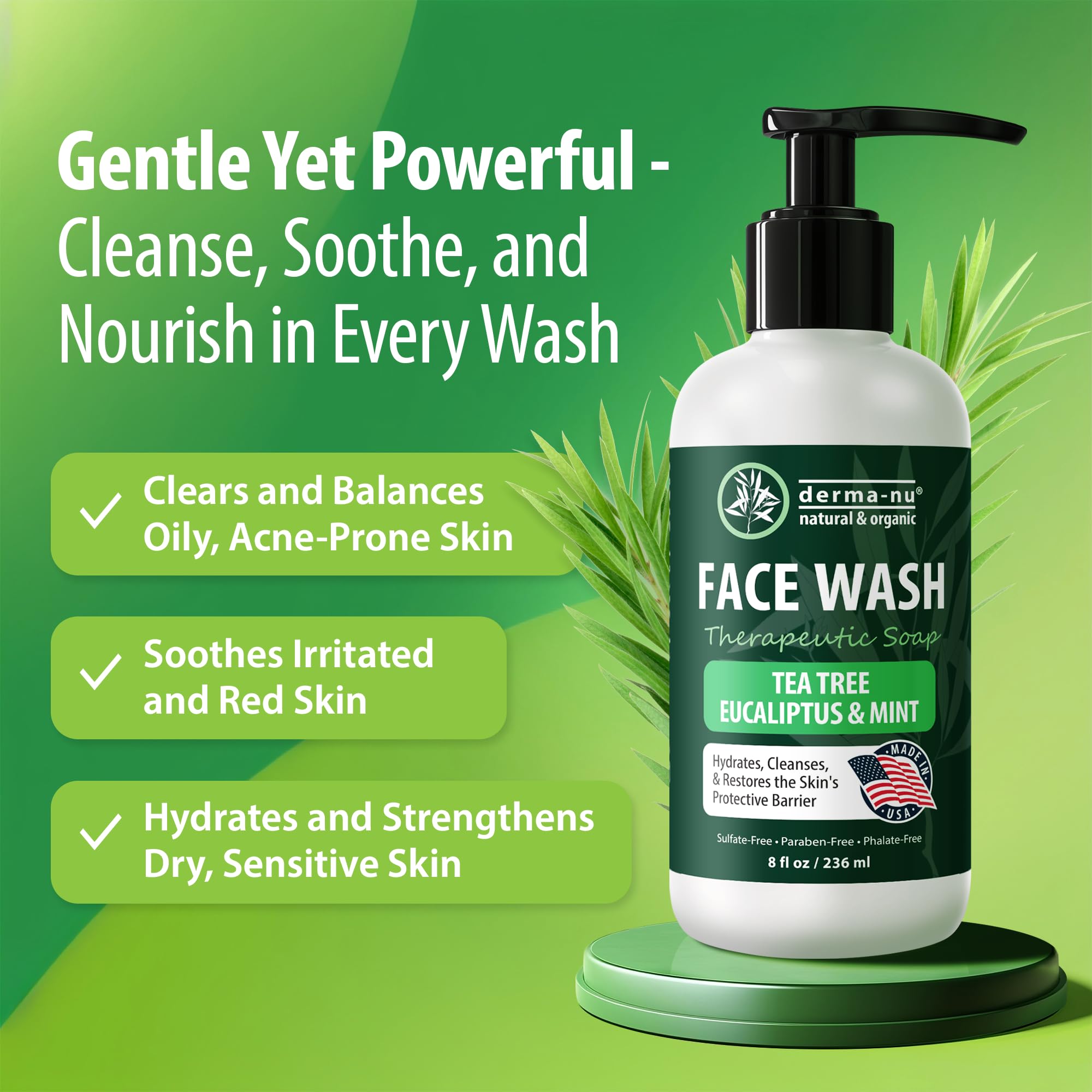 Derma-Nu gentle hydrating cleanser bottle displaying sulfate free labels