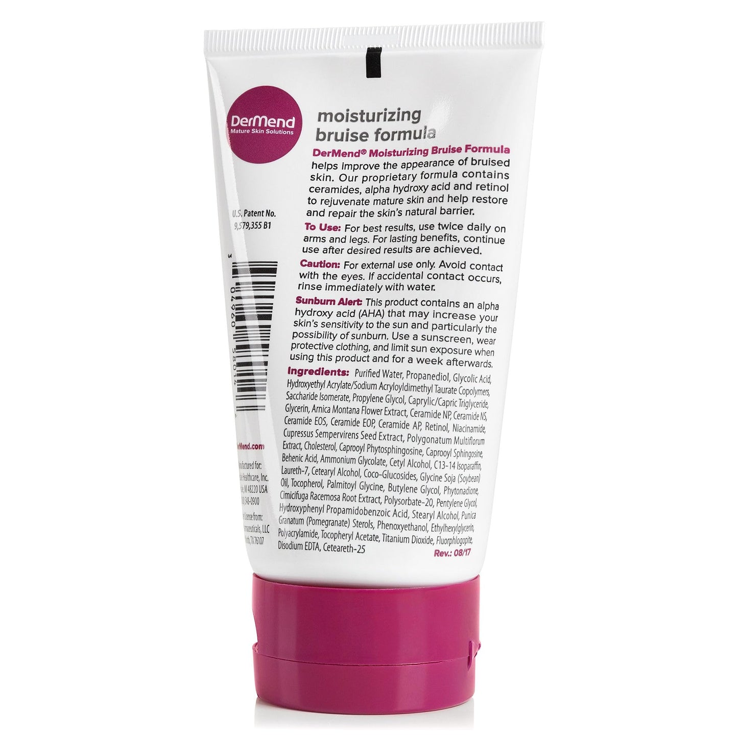 DerMend Moisturizing Bruise Formula packaging displaying key ingredients arnica oil and ceramides