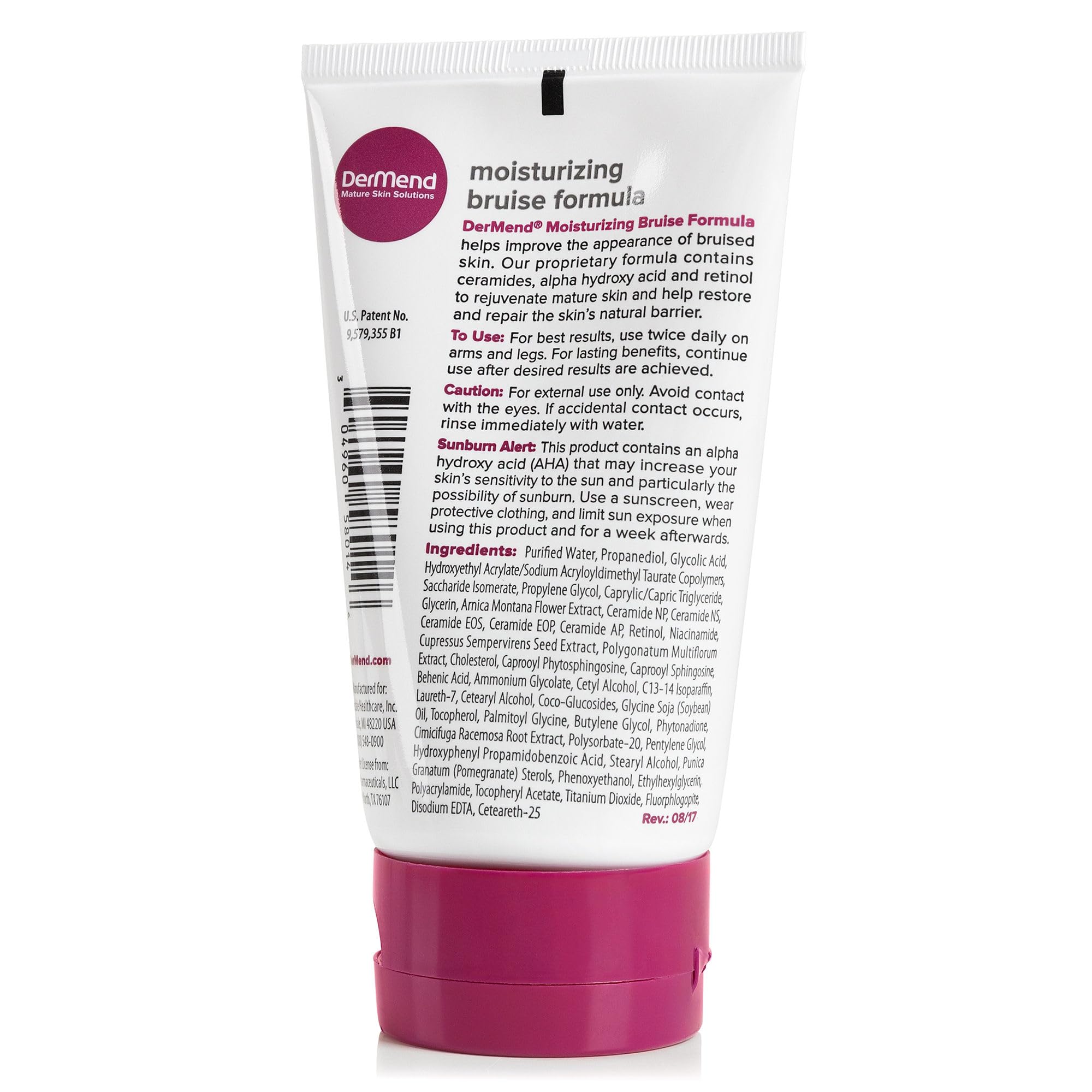 DerMend Moisturizing Bruise Formula packaging displaying key ingredients arnica oil and ceramides