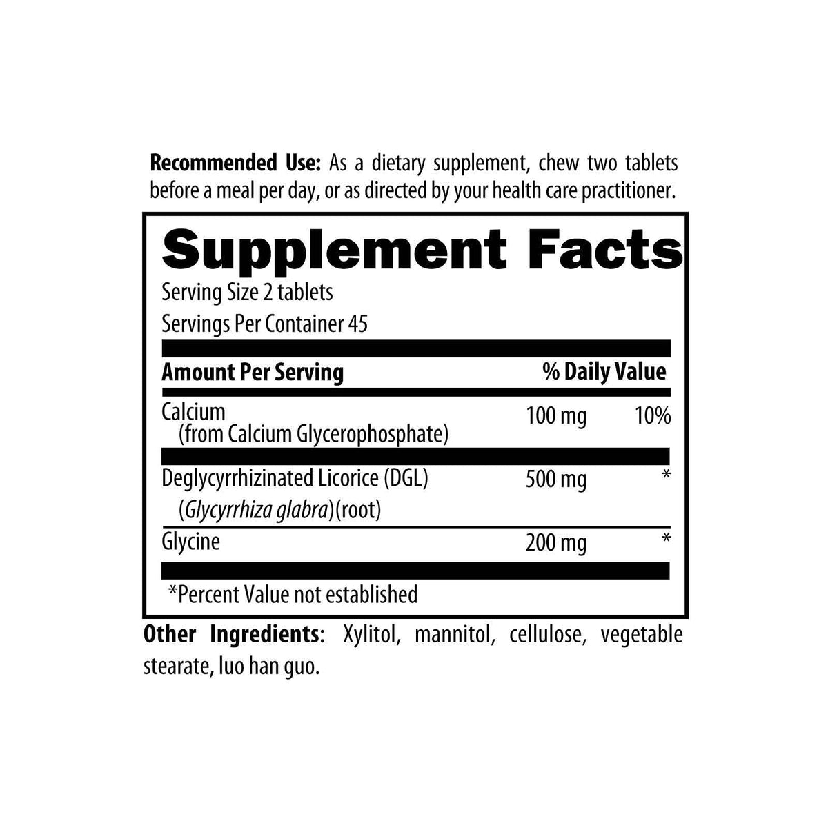 Side view of DGL Synergy bottle showing supplement facts