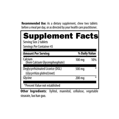 Side view of DGL Synergy bottle showing supplement facts